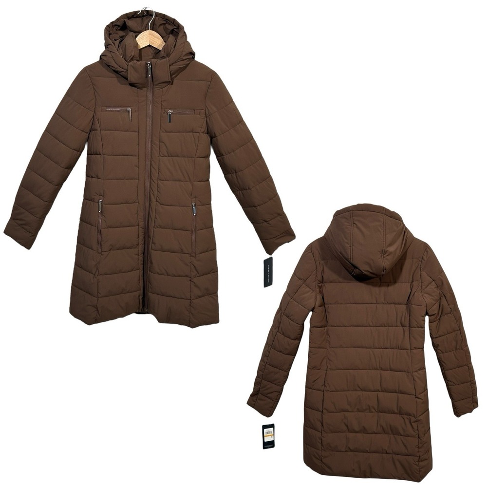 Tommy Hilfiger Womens Long Puffer Jacket Winter Coat Size S Brown Zip Pockets